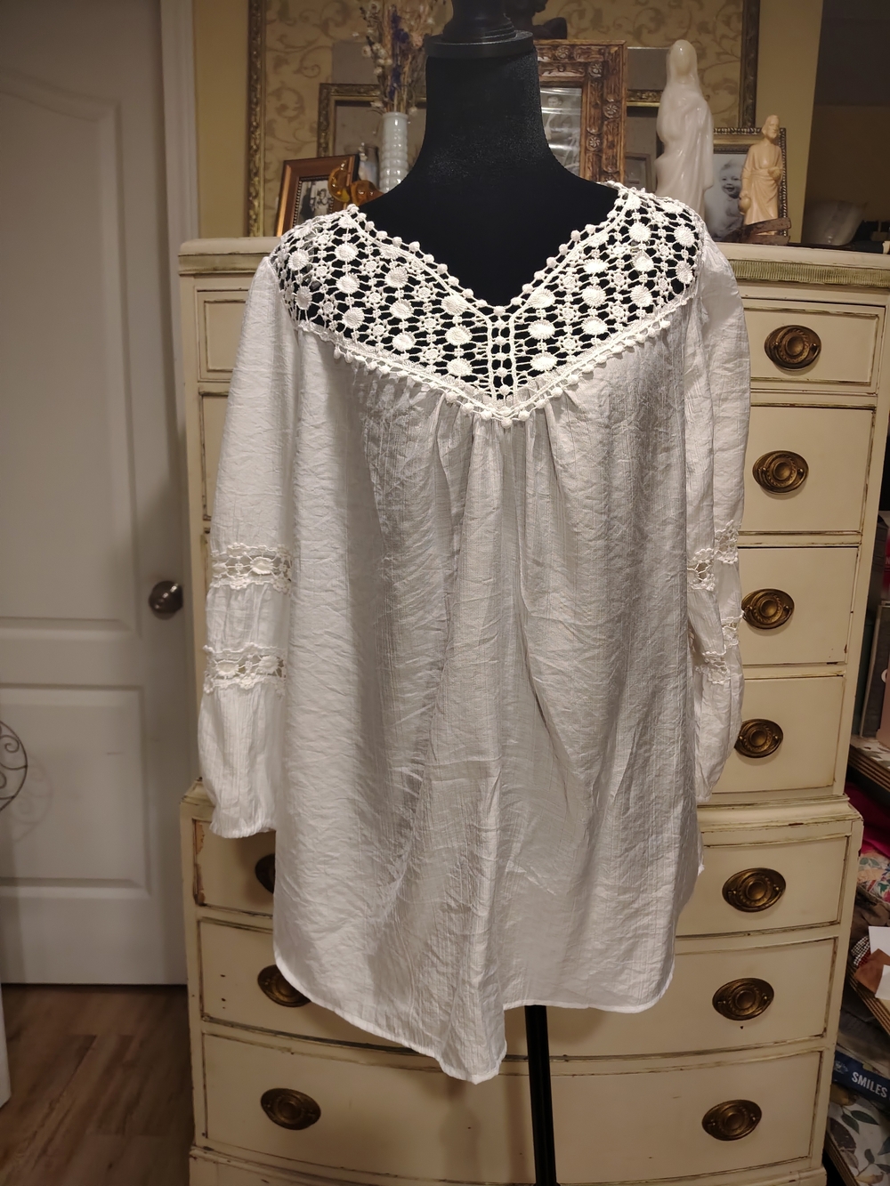 grand & greene White Crochet Yoke Long Sleeve Peasant Top